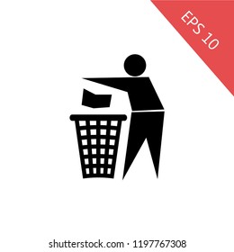 A sign of a man throwing garbage in the urn. Vector illustration, EPS 10, Premium, move to trash