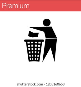 A sign of a man throwing garbage in the urn. Vector illustration, EPS 10, Premium, move to trash