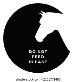 A sign with a marking for horses. Please don't feed the horses. Round logo with a black background and white text. With a horse emblem. 