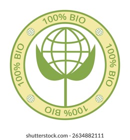 sign, medal, logo, medallion, 100% bio, nature, earth, globe in leaves, saving the planet, vegetarianism, ecology