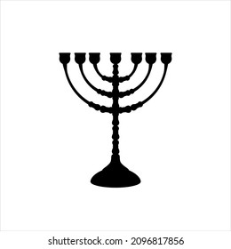 Sign of menorah for happy chanukah. Traditional jewish candle holders, Hannukkah menora icon, seven lamps menorahs icon. Black icon of hanuka isolated on white background. 