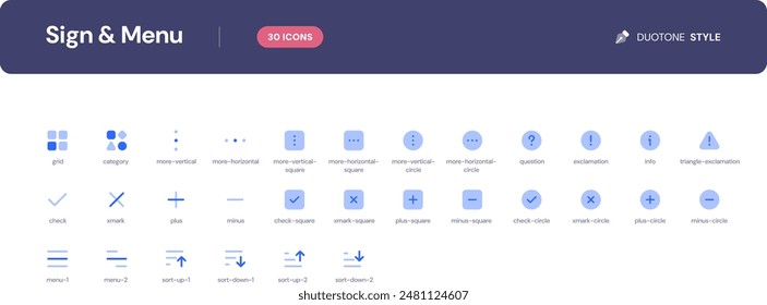 Sign and Menu icon set. Essential UI Icons Set in Duotone Style. The set consists of essential and commonly-used icons that every UI designer needs.