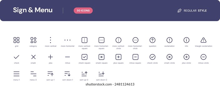 Sign and Menu icon set. Essential UI Icons Set in Line Style. The set consists of essential and commonly-used icons that every UI designer needs.