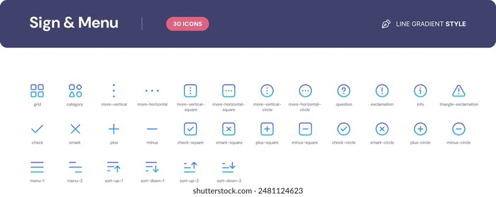 Sign and Menu icon set. Essential UI Icons Set in Line Gradient Style. The set consists of essential and commonly-used icons that every UI designer needs.