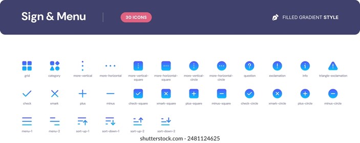 Sign and Menu icon set. Essential UI Icons Set in Filled Gradient Style. The set consists of essential and commonly-used icons that every UI designer needs.