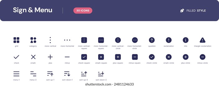 Conjunto de iconos de signo y menú. Iconos esenciales de la interfaz de usuario establecidos en estilo relleno. El conjunto consta de iconos esenciales y de uso común que todo diseñador de interfaz de usuario necesita.