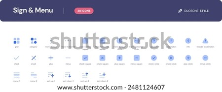 Sign and Menu icon set. Essential UI Icons Set in Duotone Style. The set consists of essential and commonly-used icons that every UI designer needs.