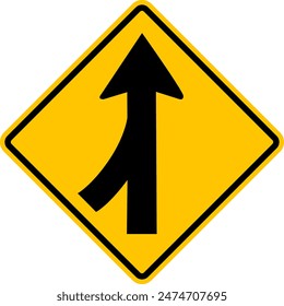 Sign for merging road on left side. Unregulated intersection with adjacent road. A junction where one street or road intersects another. Warning yellow diamond road sign.