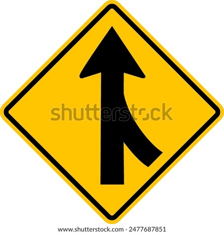 Sign for merging road on right side. Unregulated intersection with adjacent road. A junction where one street or road intersects another. Warning yellow diamond road sign.