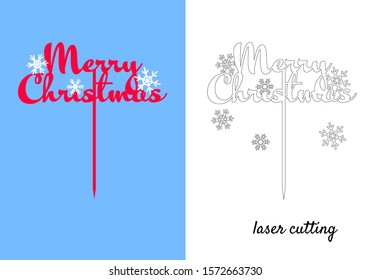 Sign 'Merry Christmas' cake topper for laser or milling cut. Suitable for cakes, wreaths or bouquets. Vector laser cut template 'Merry Christmas' with snowflakes. Vector cake topper