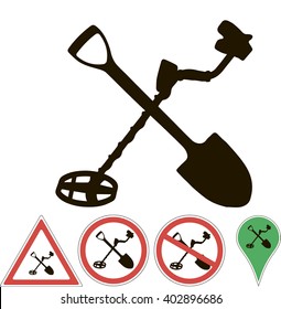 Sign The Metal Detector And Shovel On White