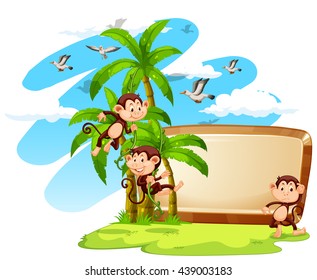 Sign with monkeys and coconut tree