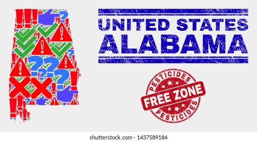 Sign Mosaic Alabama State map and seal stamps. Red rounded Pesticides Free Zone scratched seal stamp. Colored Alabama State map mosaic of different scattered items. Vector abstract composition.