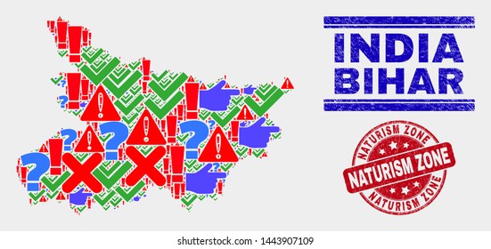 Sign Mosaic Bihar State map and seal stamps. Red rounded Naturism Zone grunge seal. Colored Bihar State map mosaic of different random elements. Vector abstract combination.