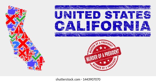 Sign Mosaic California State map and seal stamps. Red rounded Murder of a President grunge seal stamp. Colorful California State map mosaic of different scattered icons. Vector abstract combination.