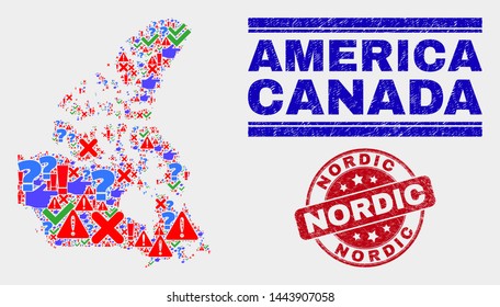 Sign Mosaic Canada v2 map and seal stamps. Red rounded Nordic scratched seal. Colored Canada v2 map mosaic of different random elements. Vector abstract collage.