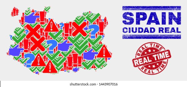 Sign Mosaic Ciudad Real Province map and seal stamps. Red rounded Real Time textured seal stamp. Colorful Ciudad Real Province map mosaic of different scattered items. Vector abstract composition.