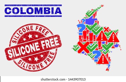 Sign Mosaic Colombia map and seal stamps. Red rounded Silicone Free textured seal stamp. Colored Colombia map mosaic of different random icons. Vector abstract composition.