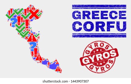 Sign Mosaic Corfu Island map and seal stamps. Red round Gyros grunge seal stamp. Colorful Corfu Island map mosaic of different randomized icons. Vector abstract combination.