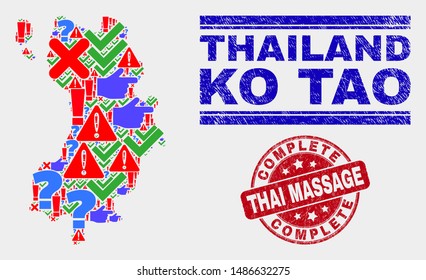 Sign Mosaic Ko Tao map and stamps. Red rounded Complete Thai Massage grunge seal stamp. Colorful Ko Tao map mosaic of different randomized symbols. Vector abstract collage.