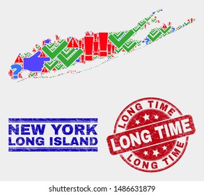 Sign Mosaic Long Island map and seal stamps. Red round Long Time scratched seal stamp. Colorful Long Island map mosaic of different random symbols. Vector abstract composition.