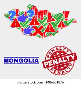 Sign Mosaic Mongolia map and seal stamps. Red rounded Penalty textured seal. Colorful Mongolia map mosaic of different randomized items. Vector abstract composition.