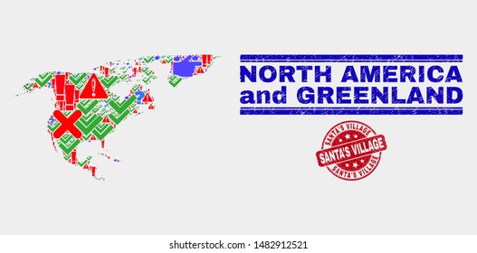 Sign Mosaic North America And Greenland Map And Seal Stamps. Red Rounded Santa's Village Scratched Seal Stamp. Colored North America And Greenland Map Mosaic Of Different Scattered Elements.