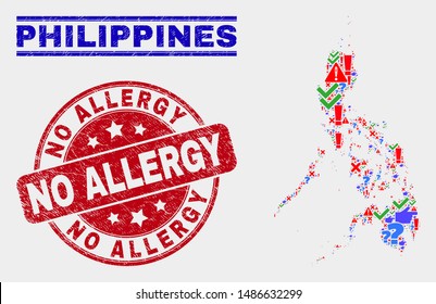 Sign Mosaic Philippines map and watermarks. Red rounded No Allergy grunge stamp. Bright Philippines map mosaic of different randomized items. Vector abstract composition.