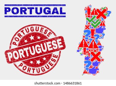 Sign Mosaic Portugal map and seal stamps. Red round Portuguese scratched seal stamp. Colored Portugal map mosaic of different scattered symbols. Vector abstract composition.