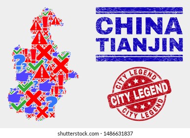 Sign Mosaic Tianjin City Map And Seal Stamps. Red Round City Legend Textured Seal. Bright Tianjin City Map Mosaic Of Different Scattered Items. Vector Abstract Combination.