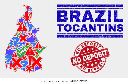 Sign Mosaic Tocantins State map and seal stamps. Red round No Deposit scratched seal. Colorful Tocantins State map mosaic of different randomized symbols. Vector abstract collage.