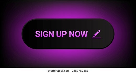 Sign up mow button, Black badge and purple gradient text glow color icon, Typography with pen icon . for website or application to Member register, vector isolated on dark background