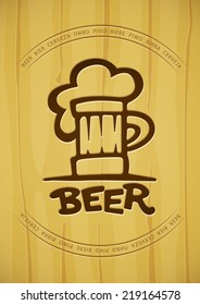 Sign of mug with beer contours silhouette on wooden background. Eps10 vector illustration