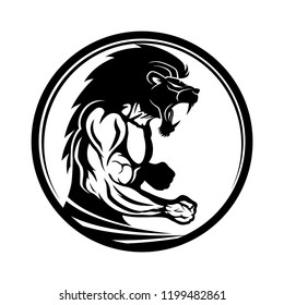 Sign of muscular athlete fighter with lion head.