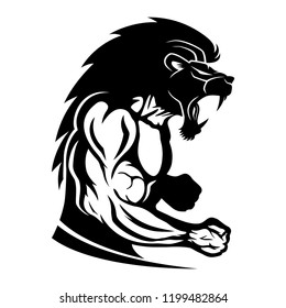 Sign of muscular athlete fighter with lion head.