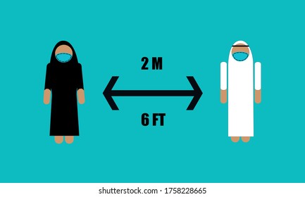 sign of muslims wearing medical masks to prevent covid-19. social distancing sign. Arab men and women wearing traditional Islamic cloth. Covid-19 measures. Wear mask and keep the distance. flat style 