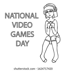 sign for national video games day with a girl gamer with blue hair and a gamepad. white background isolated outline stock vector illustration