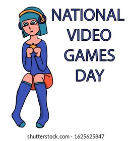 sign for national video games day with a girl gamer with blue hair and a gamepad. white background isolated stock vector illustration