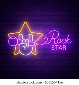 Sign neon. Rock music. Rock Star banner, logo, emblem and label. Bright signboard, light banner.  Vector illustration.