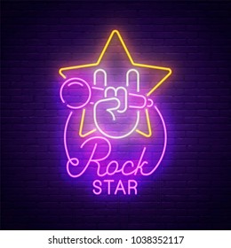 Unterschreibe Neon. Rockmusik. Rock Star Banner, Logo, Emblem und Label. Helle Signatur, heller Banner.  Vektorgrafik.