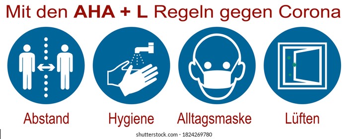 Sign with the new AHA + L rule. German text: "With the AHA rules + L rules (distance, hygiene, everyday mask) against Corona. Vector file