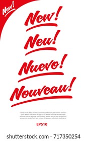 Sign New in Vector hand written in English, German, Spanish and French. Great for packaging design.