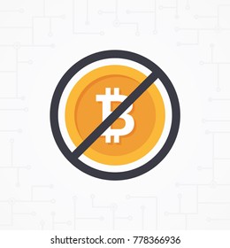 Sign no bitcoin in flat design vector. Sign no bitcoin on white background. Not allowed sign for bitcoin. Cryptocurrency vector illustration