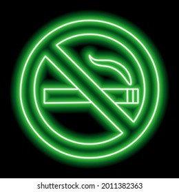 The sign no smoking. Crossed out cigarette in a circle. Green neon outline on black background. Vector illustration