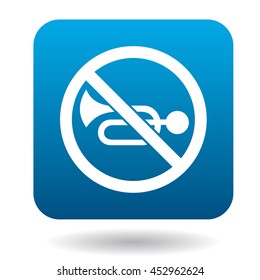 Sign no trumpet icon in simple style in blue square. Rules of the road symbol