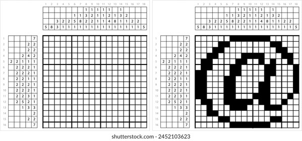 At Sign Nonogram Pixel Art,  At A Rate Of, Email Addresses, Commercial At, Address Sign, Symbol, Vector Art Illustration, Logic Puzzle Game Griddlers, Pic-A-Pix, Picture Paint By Numbers, Picross