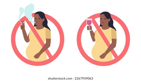 Sign not to smoke during pregnancy. Alcohol drinking restriction. Woman with cigarette and wine. Warning stop symbols. Forbidden products for pregnants. Vector prohibited