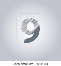Sign Number nine. Logotype architectural design. Grey color. Blueprint. With gradient.