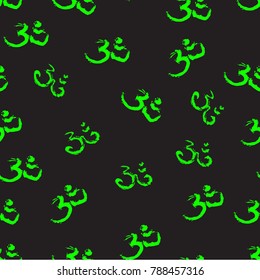 sign ohm, aum, painted with green ink, a sign of enlightenment, a series of symbols, symbol of Hinduism, mantra. Freehand drawing vector seamless pattern