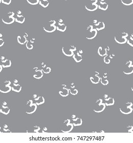 sign ohm, aum, painted with white ink, a sign of enlightenment, a series of symbols, symbol of Hinduism, mantra. modern seamless pattern. Freehand drawing vector. 

